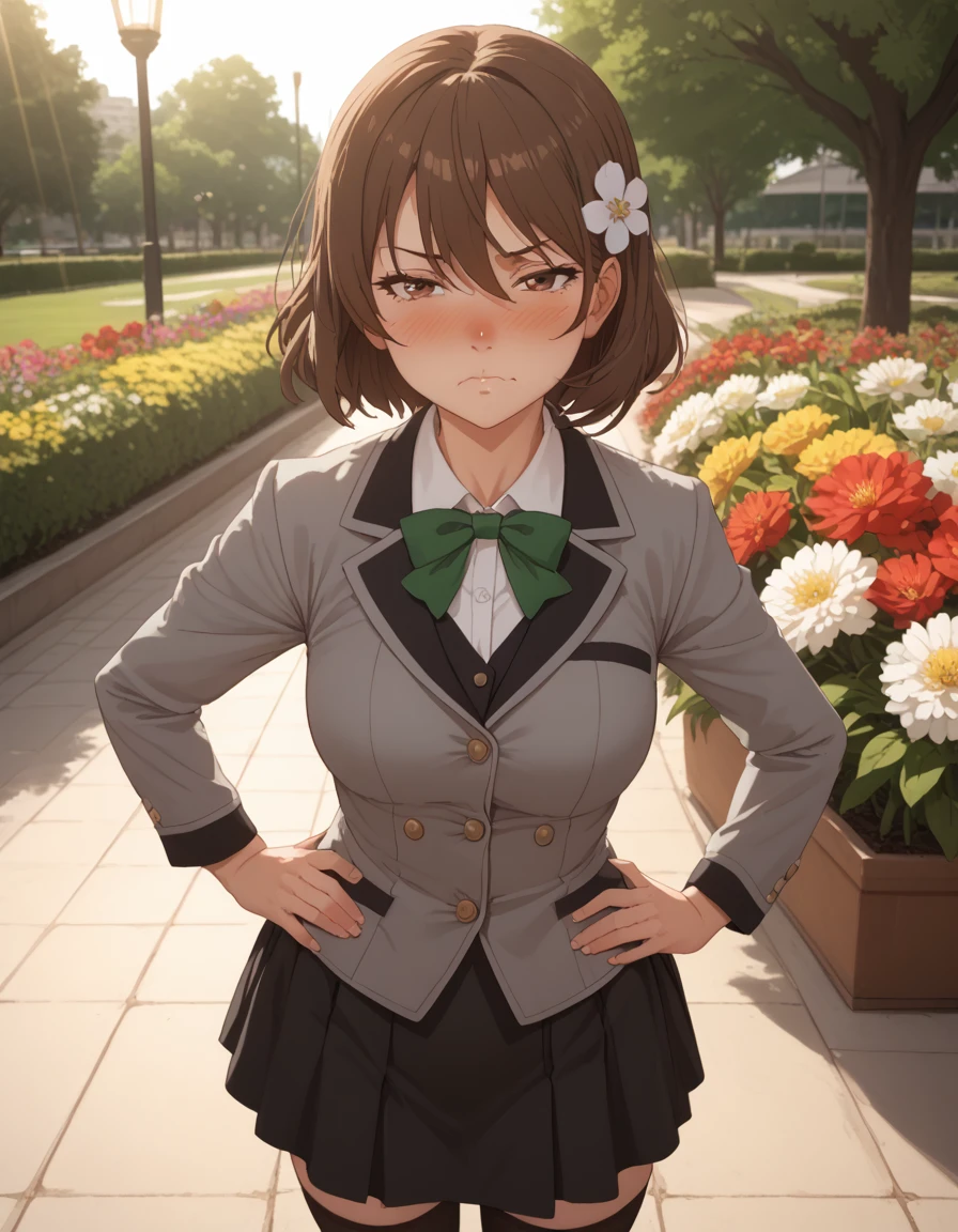 score_9, score_8_up, score_7_up, score_6_up, source_anime, 1girl, solo, park, flowers, light rays, close-up, nose blush, half-closed eyes, looking at viewer, hands on own hips, upset, pout, puffed cheeks, maria, medium hair, brown hair,  hair between eyes, hair ornament, brown eyes, grey jacket, open jacket, long sleeves, green bow, white shirt, collared shirt, black vest, buttons, black dress, black thighhighs, black loafers