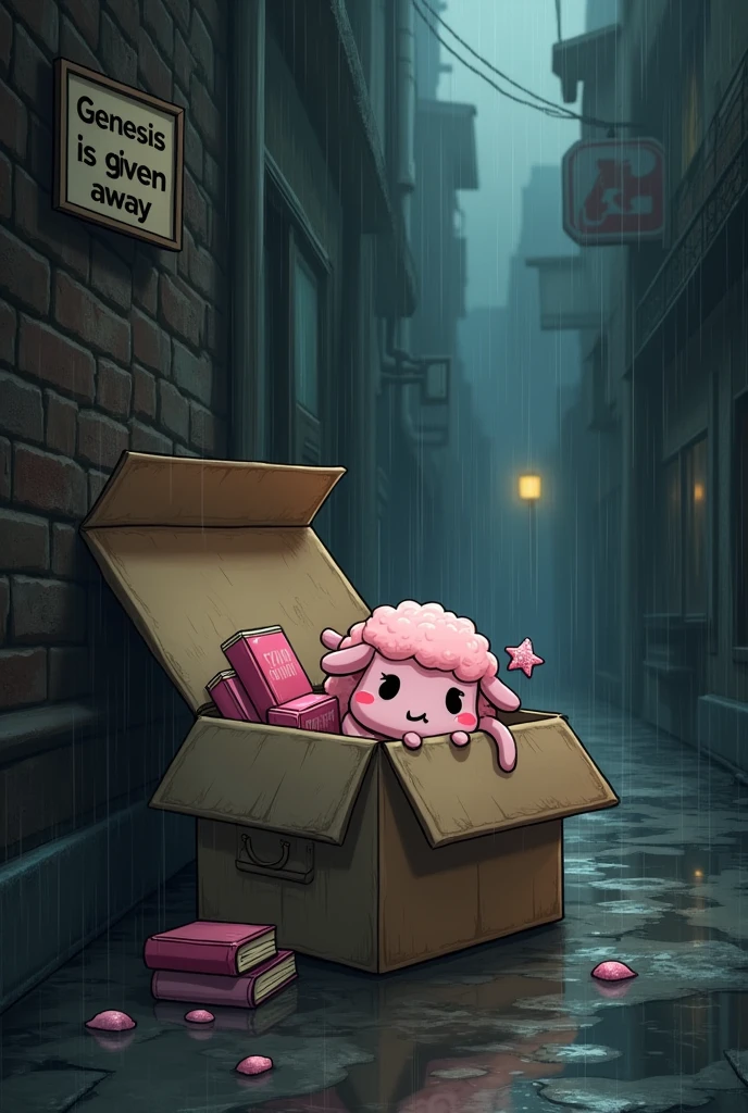 Make an abandoned box in an alley with a sign that says “genesis is given away” and that inside contains pink things such as makeup, clothes and books, add the sign that indicates that genesis is being given ,
Inside the box there is a small pink sheep like “my sweet piano” she is sad and cold because it is raining and her box can no longer resist, My Sweet Piano decides to come out of the box and look for the young man who abandoned her