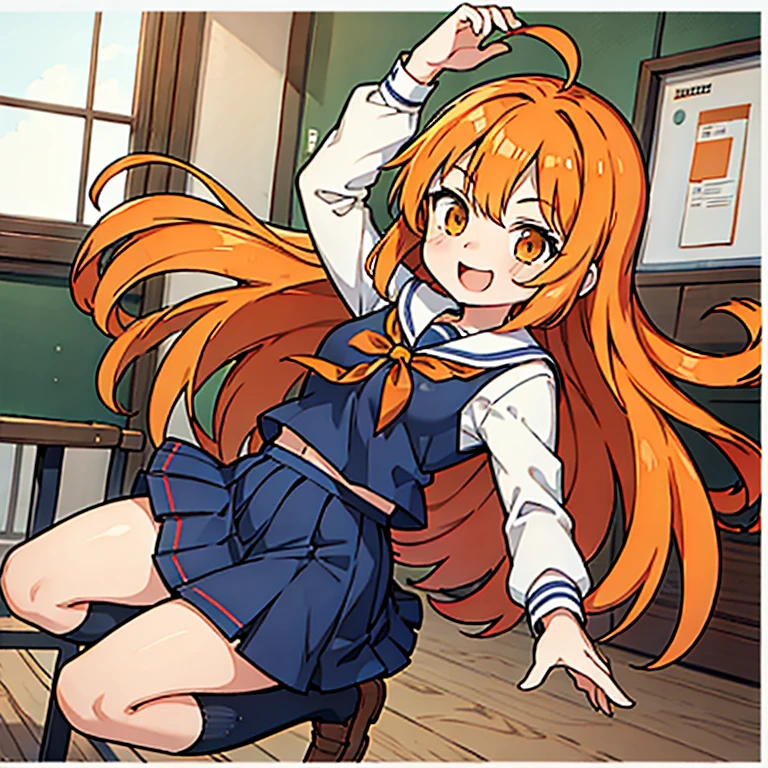 1girl orange hair long hair orange eyes school uniform jumping