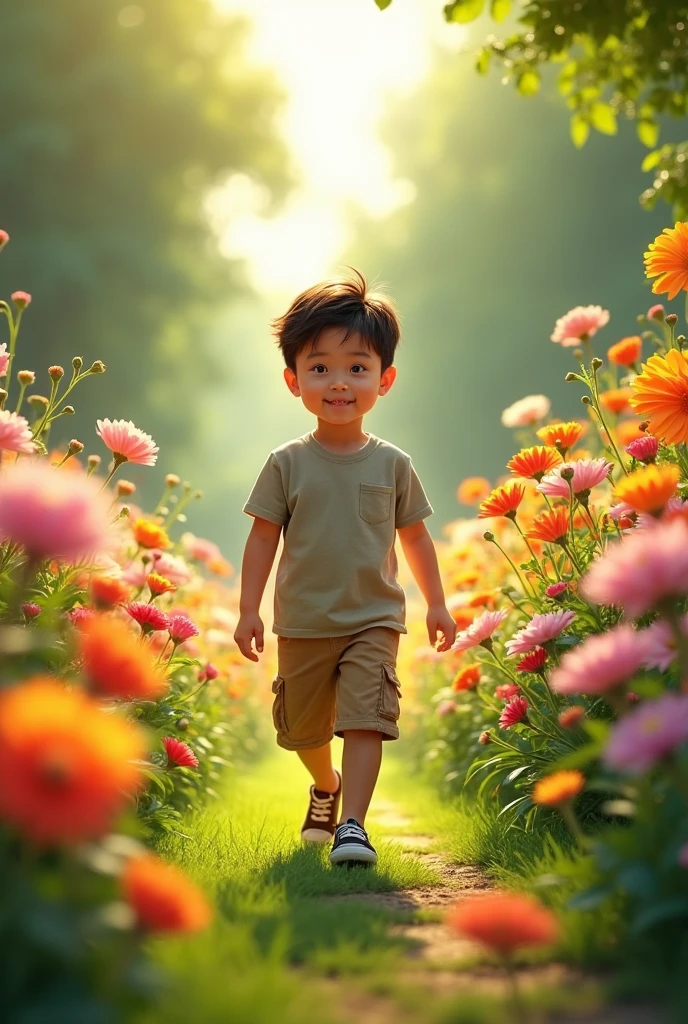 (zh-CN) Farmland, morning dew, sun-baked wheat field, leisurely blossoming dandelions, (1 boy), a big smiling face under the bright sun, wearing light cotton attire, blue shirt, kind and natural.