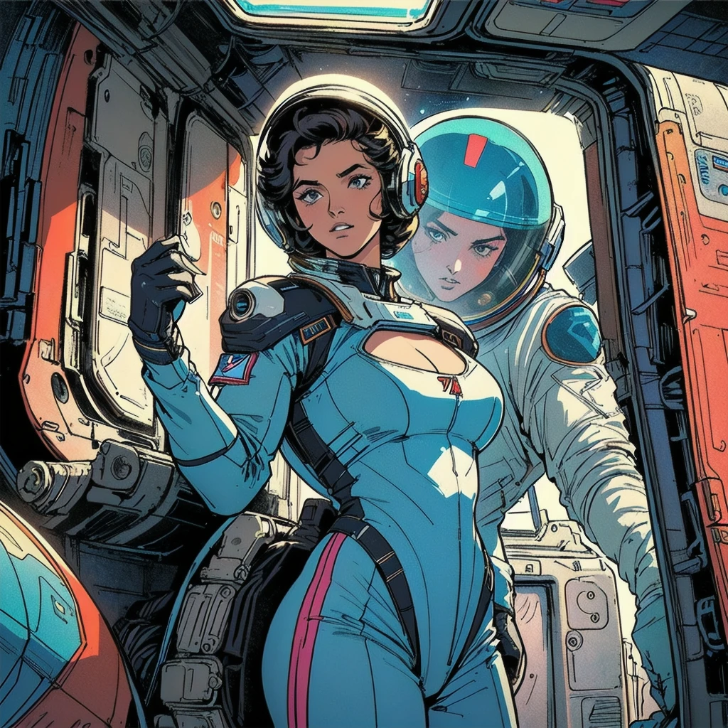 ((( Best Quality Masterpiece ))),(Lonely Goddess),(spacesuit that emphasizes cleavage ),((( 70s and 80s space thriller movie posters))),( American Comics ),((( retro vintage style ))),Overwhelmingly complex depiction,Absolute machine group background, futuristic cyberpunk ,Extremely accurate and delicate depiction,