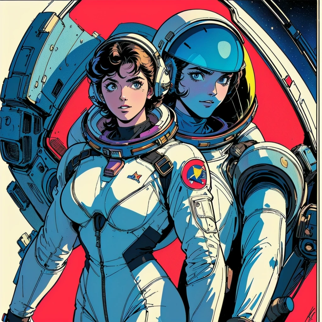 ((( Best Quality Masterpiece ))),(Lonely Goddess),(spacesuit that emphasizes cleavage ),((( 70s and 80s space thriller movie posters))),( American Comics ),((( retro vintage style ))),Overwhelmingly complex depiction,Absolute machine group background, futuristic cyberpunk ,Extremely accurate and delicate depiction,