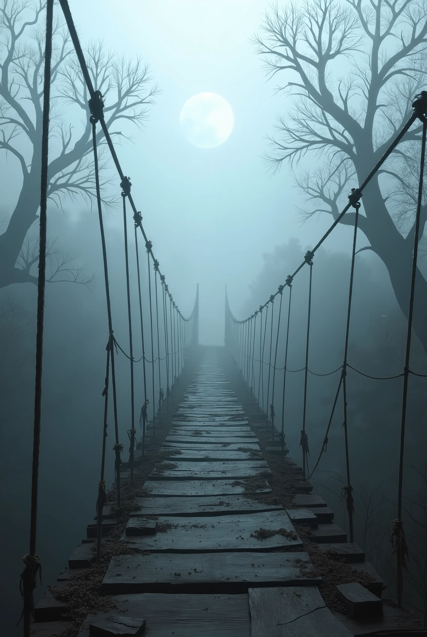 A crumbling, ancient wooden bridge stretching across an unseen abyss, with broken planks and frayed ropes swaying in the cold wind. Thick, white fog envelops the scene, obscuring what lies ahead, creating a sense of unease and mystery. A faint, ethereal light pierces through the dense mist, casting soft, diffused beams onto the fragile structure. Below the bridge, only darkness is visible, with no end in sight. The atmosphere is hauntingly quiet, with the faint sound of creaking wood adding to the tension. Twisted, barren trees loom in the background, their silhouettes fading into the fog. The overall tone is one of isolation, danger, and mystery, as though the bridge leads to an unknown, forbidden destination,