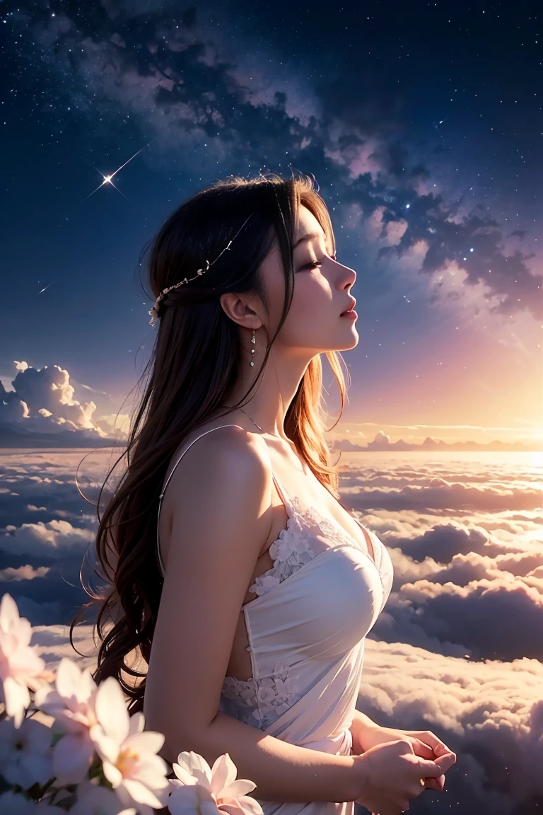 beautiful woman sitting on a cloud,