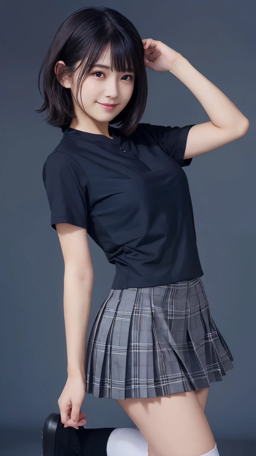 (Masterpiece:1.2, high quality), simple background,gray background, Chest thrust pose, Chest show-off pose,breast appeal pose,(japanese girl),(15yo), solo, 
white school  shirt ,
black eyes, navy blue school miniskirt, pure gaze, navy socks,plaid skirt, arms behind back,hands behind back,
((Tight fitting clothes)), ((Tight fitting shirt)) , (see-through shirt:0.75)
,
black hair, black eyes,
kawaii, light smile, (sweat), short hair, Black Hair,  hash cut,layer cut, ((messy hair )),hair between eyes, (beauty legs),volumirous breasts,big breasts,
((Cute face)),((pretty face)),
face detail, 
thin eyebrows ,
glow skin,face focus, breast focus ,thigh focus,glow skin


