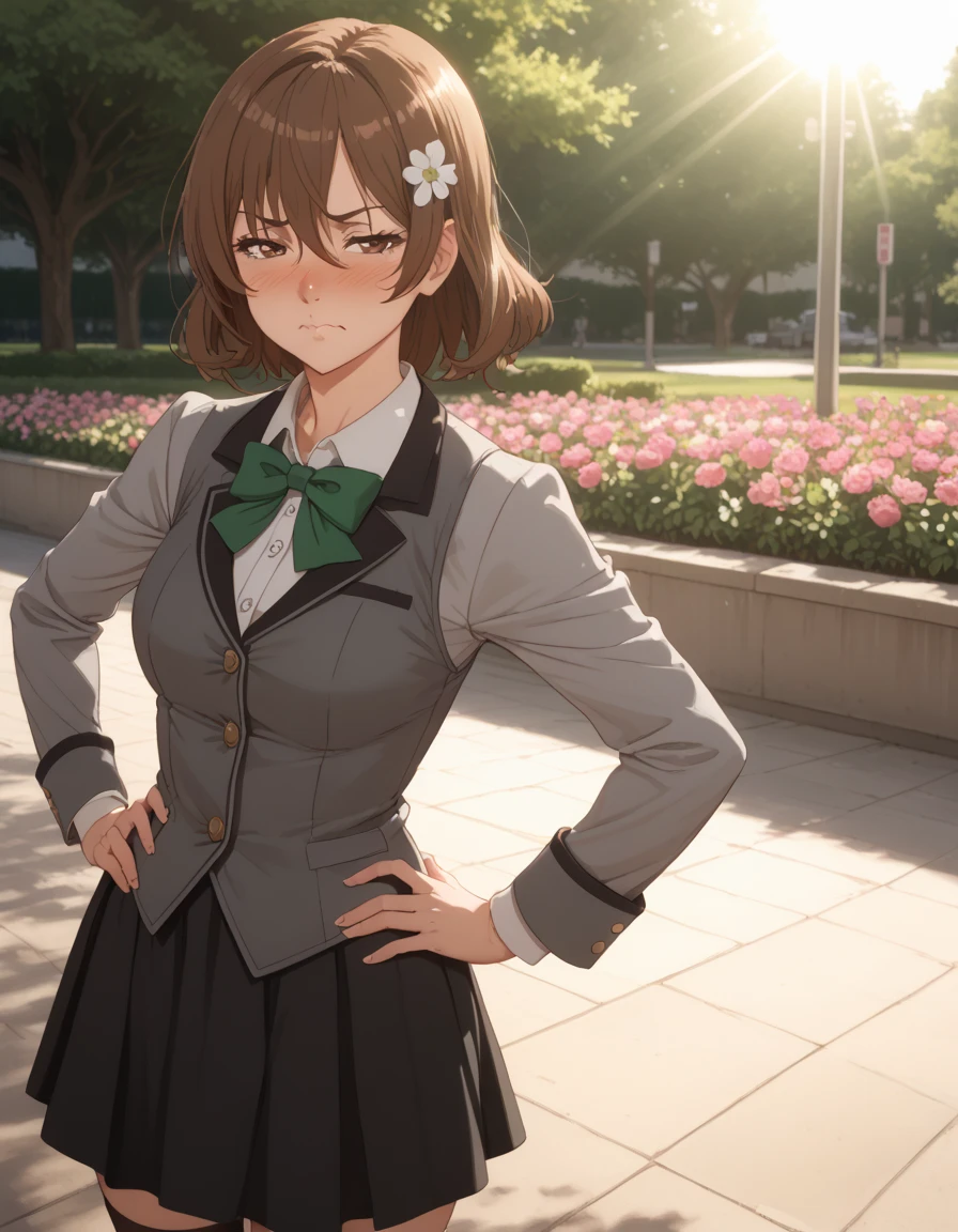 score_9, score_8_up, score_7_up, score_6_up, source_anime, 1girl, solo, park, flowers, light rays, close-up, nose blush, half-closed eyes, looking at viewer, hands on own hips, upset, pout, puffed cheeks, maria, medium hair, brown hair,  hair between eyes, hair ornament, brown eyes, grey jacket, open jacket, long sleeves, green bow, white shirt, collared shirt, black vest, buttons, black dress, black thighhighs, black loafers