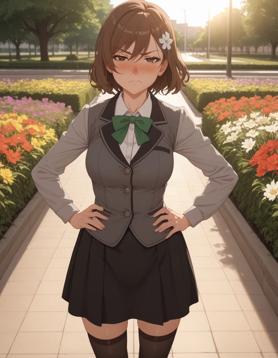 score_9, score_8_up, score_7_up, score_6_up, source_anime, 1girl, solo, park, flowers, light rays, close-up, nose blush, half-closed eyes, looking at viewer, hands on own hips, upset, pout, puffed cheeks, maria, medium hair, brown hair,  hair between eyes, hair ornament, brown eyes, grey jacket, open jacket, long sleeves, green bow, white shirt, collared shirt, black vest, buttons, black dress, black thighhighs, black loafers