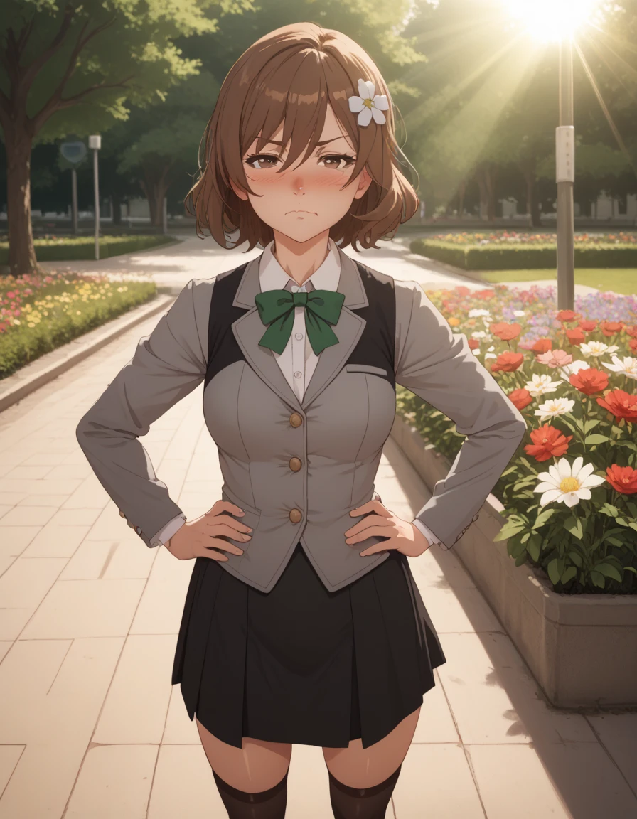 score_9, score_8_up, score_7_up, score_6_up, source_anime, 1girl, solo, park, flowers, light rays, close-up, nose blush, half-closed eyes, looking at viewer, hands on own hips, upset, pout, puffed cheeks, maria, medium hair, brown hair,  hair between eyes, hair ornament, brown eyes, grey jacket, open jacket, long sleeves, green bow, white shirt, collared shirt, black vest, buttons, black dress, black thighhighs, black loafers