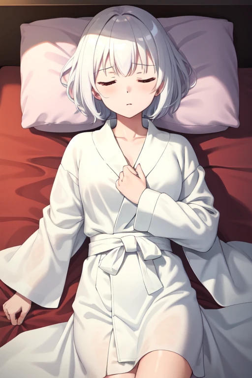 1girl, solo, Siesta, closed eyes, short hair, white hair, bangs,
BREAK (white robes, long robes:1.4),
BREAK (lying bed:1.4), (hands on own stomach:1.1),
BREAK expressionless,
BREAK cowboy shot, (from above:1.3),
BREAK  hospital, indoor, bed, (white bed, white sheets:1.1),
BREAK  (masterpiece:1.2), best quality, high resolution, unity 8k wallpaper, (illustration:0.8), extremely detailed face, perfect lighting, extremely detailed CG, (perfect hands, perfect anatomy),