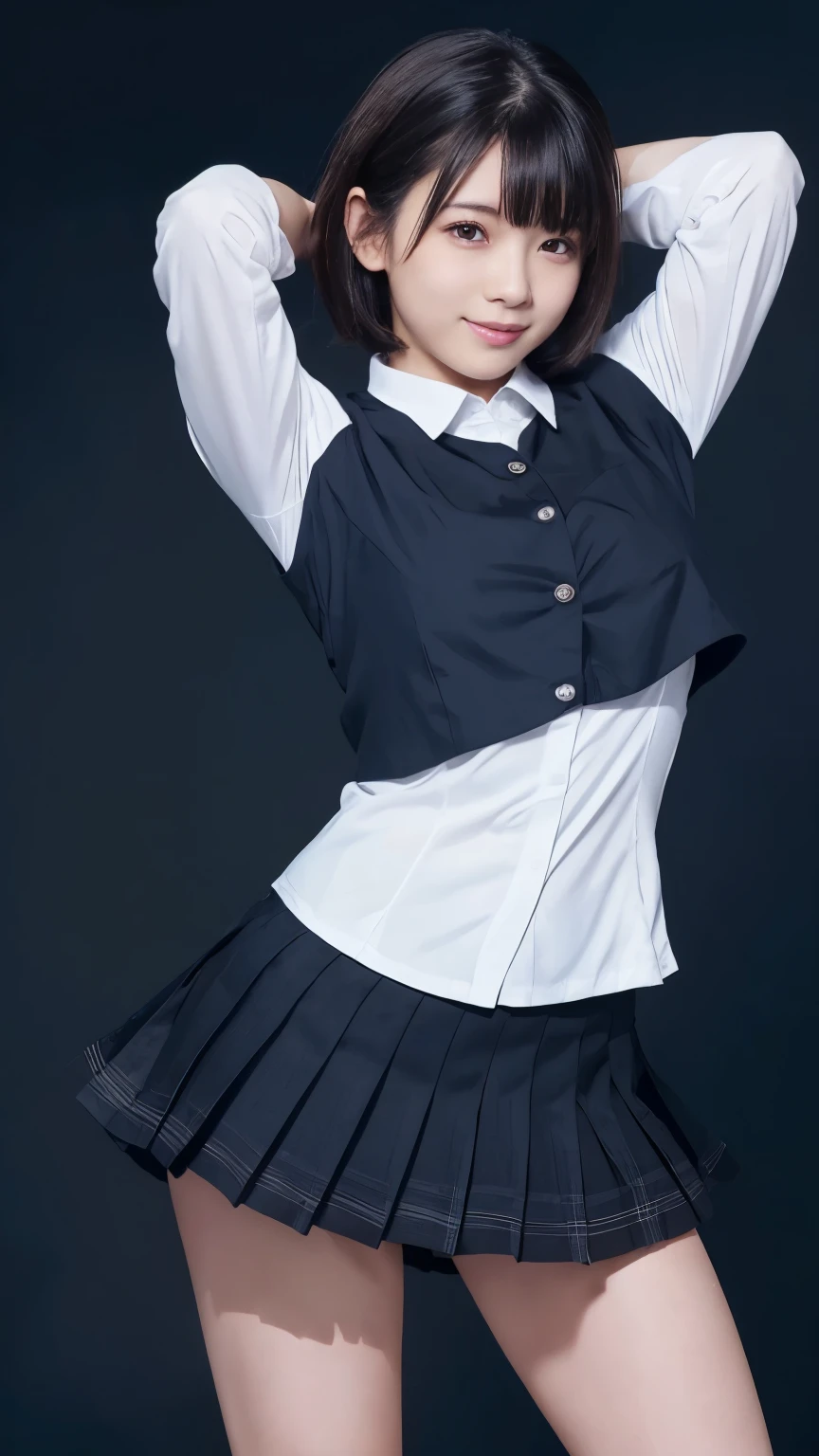 (Masterpiece:1.2, high quality), simple background,gray background, Chest thrust pose, Chest show-off pose,breast appeal pose,(japanese girl),(15yo), solo, 
white school  shirt ,
black eyes, navy blue school miniskirt, pure gaze, navy socks,plaid skirt, arms behind back,hands behind back,
((Tight fitting clothes)), ((Tight fitting shirt)) , (see-through shirt:0.75)
,
black hair, black eyes,
kawaii, light smile, (sweat), short hair, Black Hair,  hash cut,layer cut, ((messy hair )),hair between eyes, (beauty legs),volumirous breasts,big breasts,
((Cute face)),((pretty face)),
face detail, 
thin eyebrows ,
glow skin,face focus, breast focus ,thigh focus,glow skin


