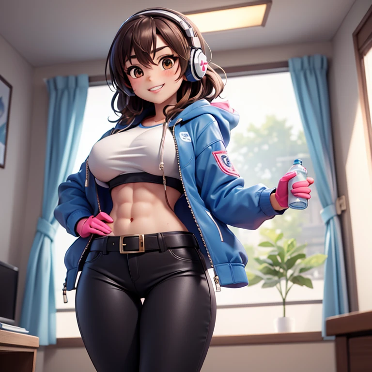 1 female, brown long messy anime hair, huge breast, thick legs, brown eyes, thick eyebrows, goggles, belt, smile, navel, jacket, window, indoors, abs, midriff, pants, gloves, looking_at_viewer, crop_top, breasts, headphones, blue_jacket, bottle, blush, black_pants, medium_breasts, open_clothes, open_jacket, grin