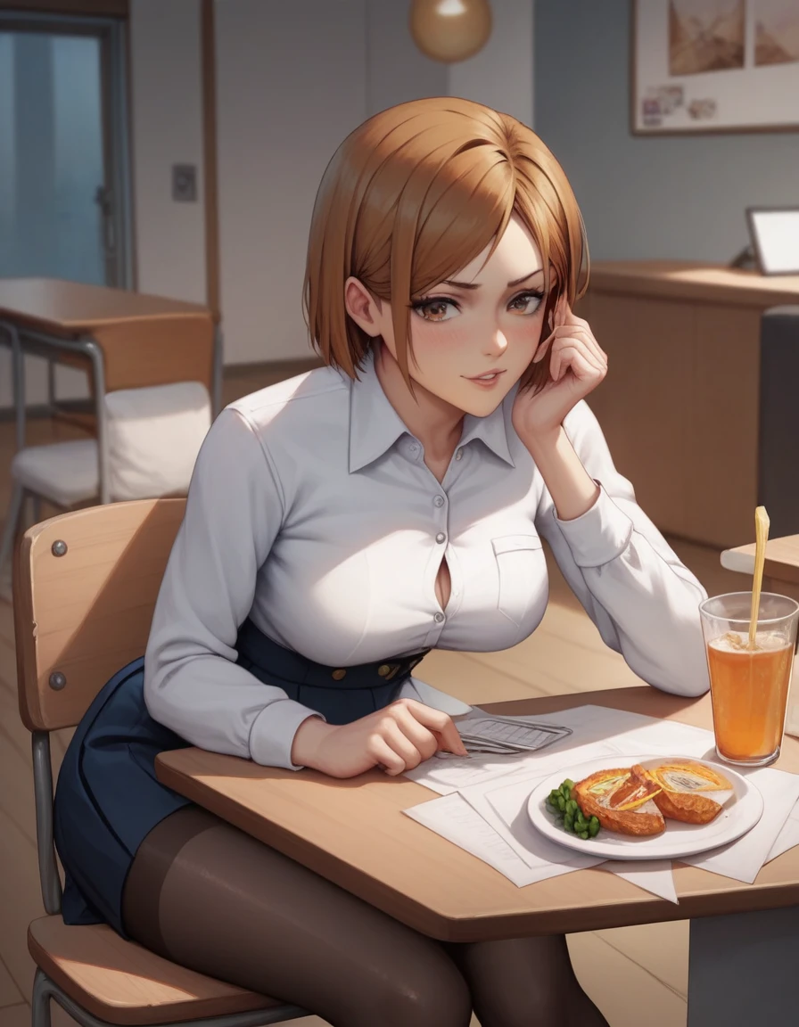 masterpiece,best quality,best details,nsfw,1 girl,short hair,brown hair,brown eyes,precise fingers,dress shirt,skirt,long black tights,long sleeve,a lot of food on the table,big belly,belly stuffing,sit on a chair,underground room,trapped underground room,Kugisaki Nobara,anime,