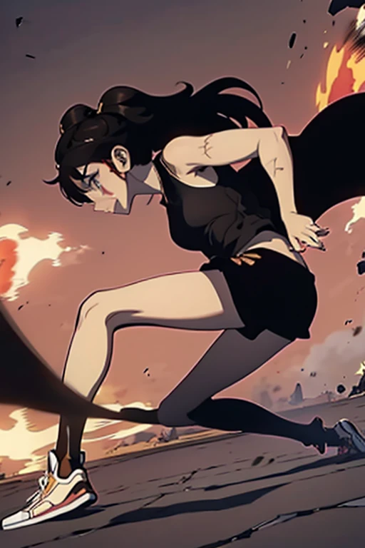  old girl, brown long hair, browns eyes, Black sleeveless top, black shorts and All Star sneakers, a castanet in hand, full body, battle scene, with scars on the body