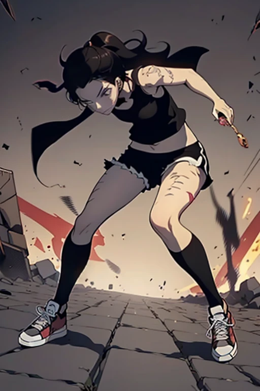  old girl, brown long hair, browns eyes, Black sleeveless top, black shorts and All Star sneakers, a castanet in hand, full body, battle scene, with scars on the body