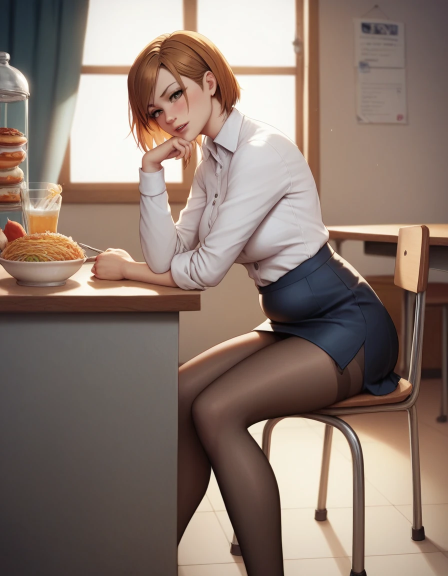 masterpiece,best quality,best details,nsfw,1 girl,short hair,brown hair,brown eyes,precise fingers,dress shirt,skirt,long black tights,long sleeve,a lot of food on the table,big belly,belly stuffing,burp,sit on a chair,underground room,trapped underground room,Kugisaki Nobara,anime,