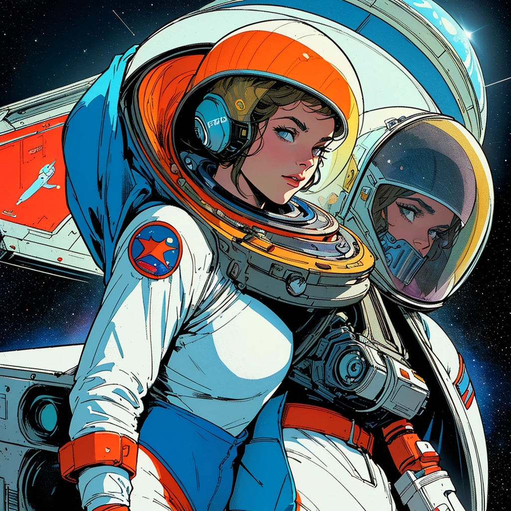 ((( Best Quality Masterpiece ))),(Lonely Goddess),(spacesuit that emphasizes cleavage ),((( 70s and 80s space thriller movie posters))),( American Comics ),((( retro vintage style ))),Overwhelmingly complex depiction,Absolute machine group background, futuristic cyberpunk ,Extremely accurate and delicate depiction,