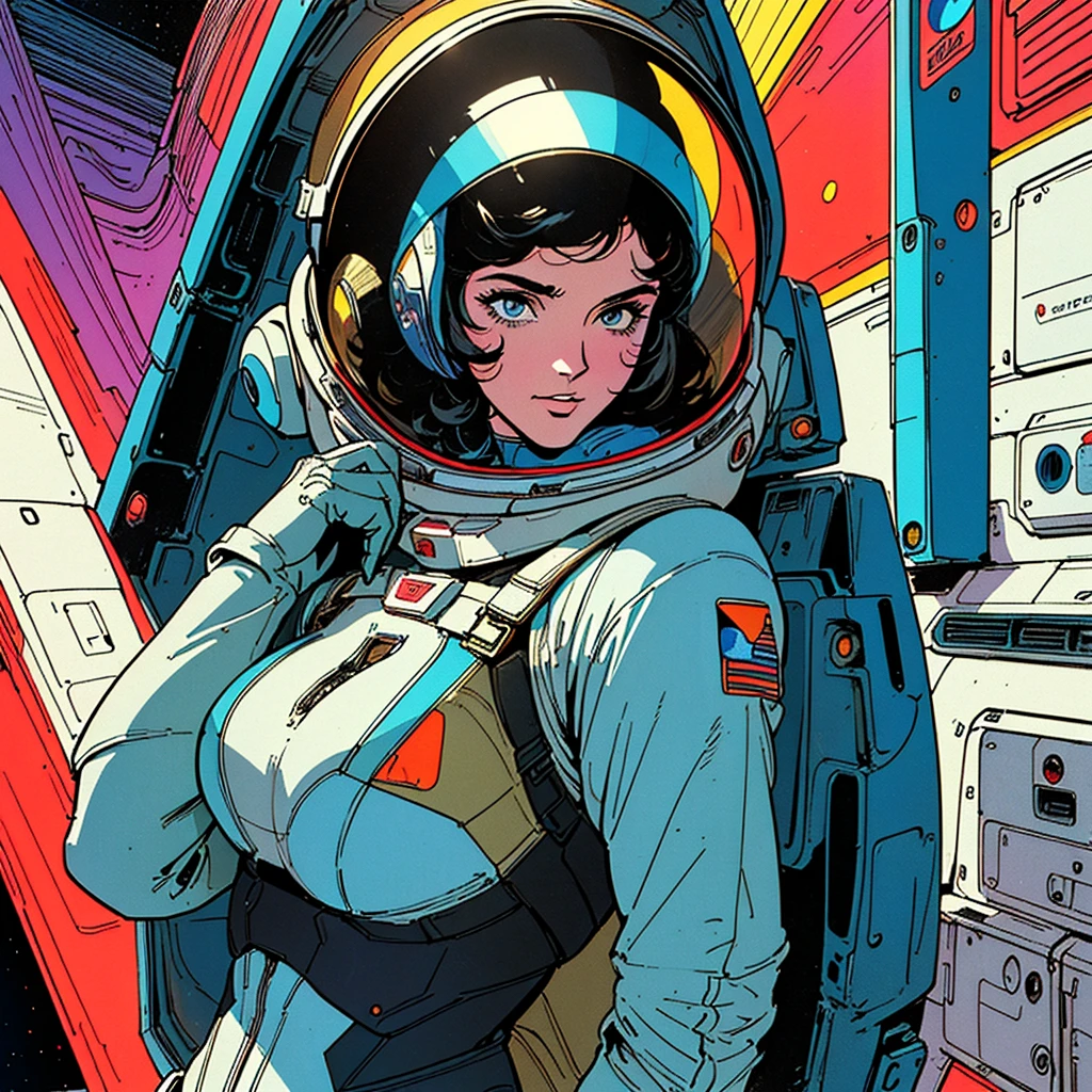 ((( Best Quality Masterpiece ))),(Lonely Goddess),(spacesuit that emphasizes cleavage ),((( 70s and 80s space thriller movie posters))),( American Comics ),((( retro vintage style ))),Overwhelmingly complex depiction,Absolute machine group background, futuristic cyberpunk ,Extremely accurate and delicate depiction,