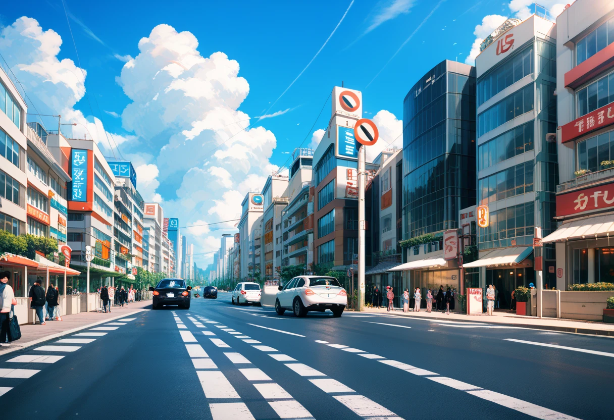 Shibuya SK, Outdoor, 横断歩road, day,  real world locations, road, city, null, street, cloud, scenery,  Building, traffic signal, blue null, sign, multiple crowds ,  best quality