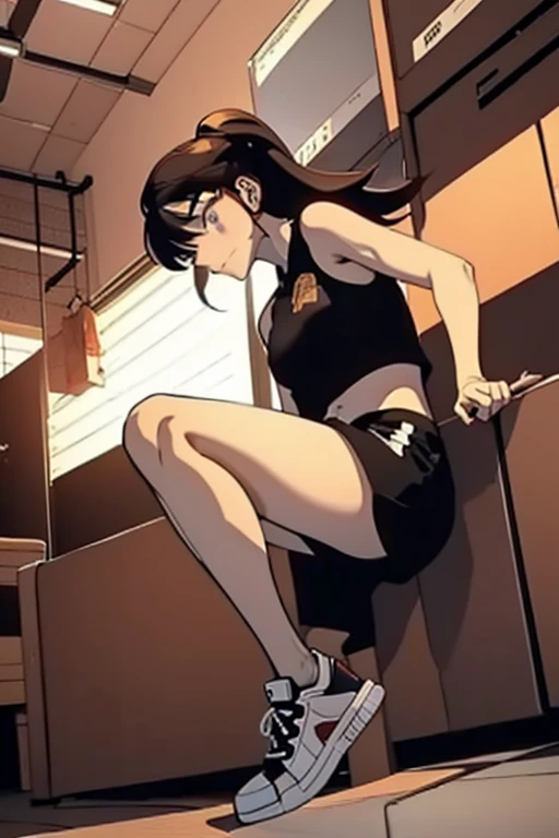  old girl, brown long hair, browns eyes, Black sleeveless top, black shorts and All Star sneakers, a castanet in hand, full body, woman pose scene 