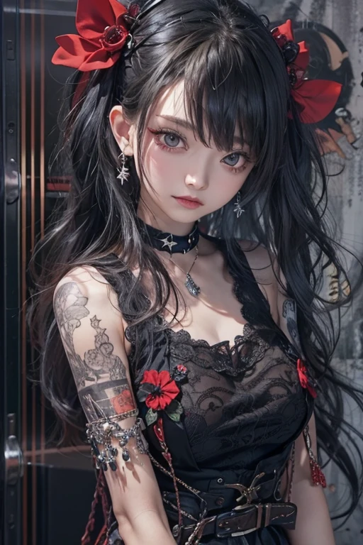 best quality、8k、masterpiece:1.3、Gothic Punk、 The inner color is red 、Gray Black Hair、 hair accessory、 Beautiful girl with high 、 Creative 、Punk Shirt、Neogoth、 goth fashion :1.2、 high definition 、masterpiece、 best quality、頭w:1.3、(( Hasselblad photography ))、 fine skin、 Highly focused 、( There is a movie light)、Explore Tokyo' The city at night beyond the neon lights, Open the frame, 、Petting'Hair back、Shoulder Bare、 small red rose tattoo on décolletage 、Only one tattoo