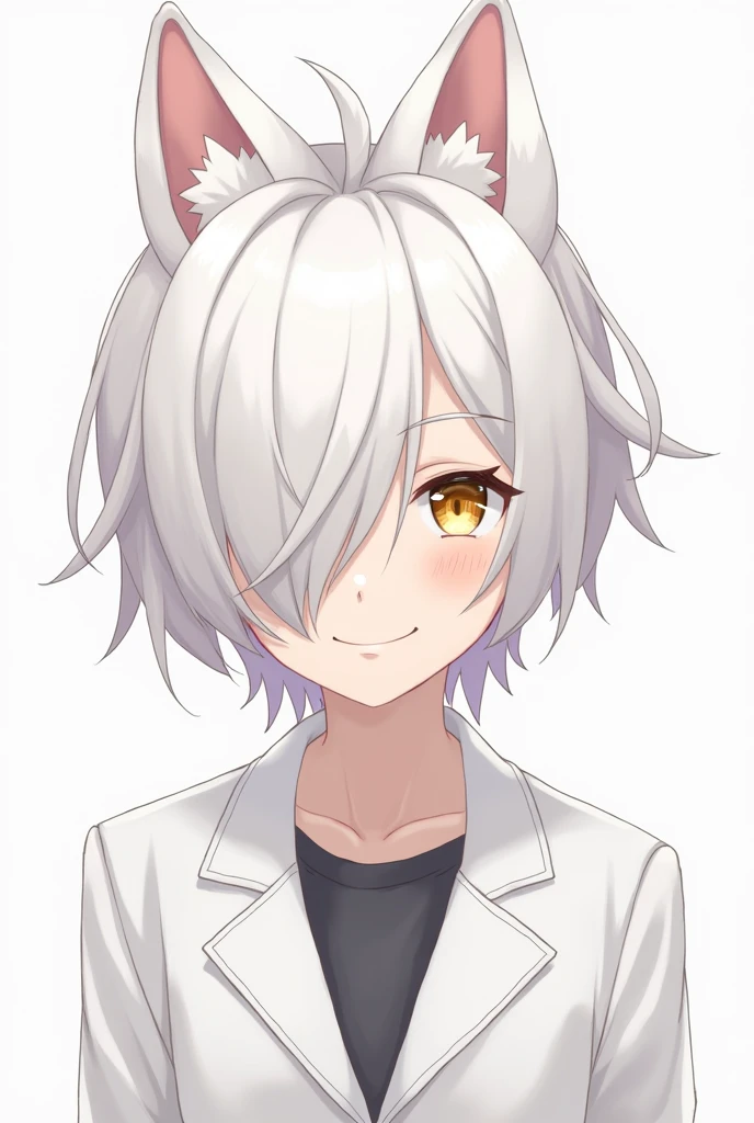 anime men with short medium white hair, two hair locks look like puppy ears and a lock covers his right eye, golden eyes, wearing a white school uniform jacket