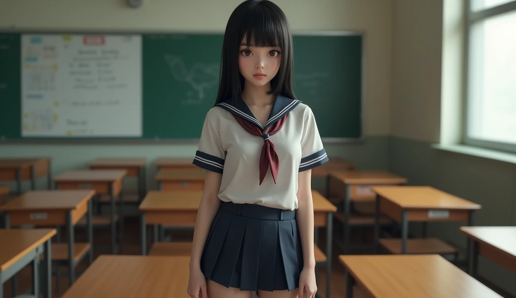 Low 、a sailor suit、summer clothing、Classroom、girl with、soio、realisitic、10yaers old、a smile