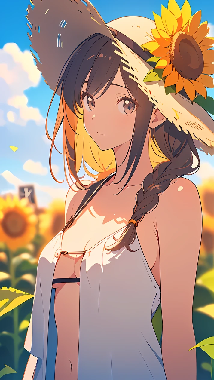 (((Best quality, 8k, Masterpiece: 1.3)), ((best quality)), ((masterpiece)), (detailed), perfect face, perfect body, (detailed skin:1.3), (intricate details), light brown hair, swept bangs, low-braided long hair, Straw hat, summer clothes, sunflower field