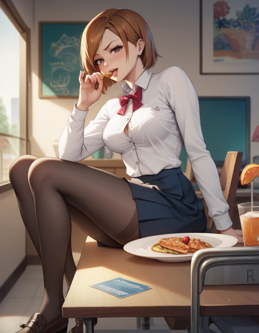 masterpiece,best quality,best details,nsfw,1 girl,short hair,brown hair,brown eyes,precise fingers,dress shirt,skirt,long black tights,long sleeve,a lot of food on the table,belly stuffing,sit on a chair,underground room,trapped underground room,Kugisaki Nobara,anime,