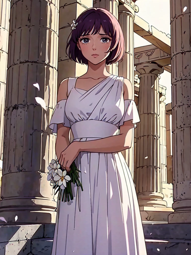 ( Obra de arte、 lyrics)、girl_Saori,  s40r1k1d0 , cries, Tears fall, He holds a bouquet of flowers in his arms, Do you wear a white dress, She is inside a Greek temple, warm light,  short hair . 