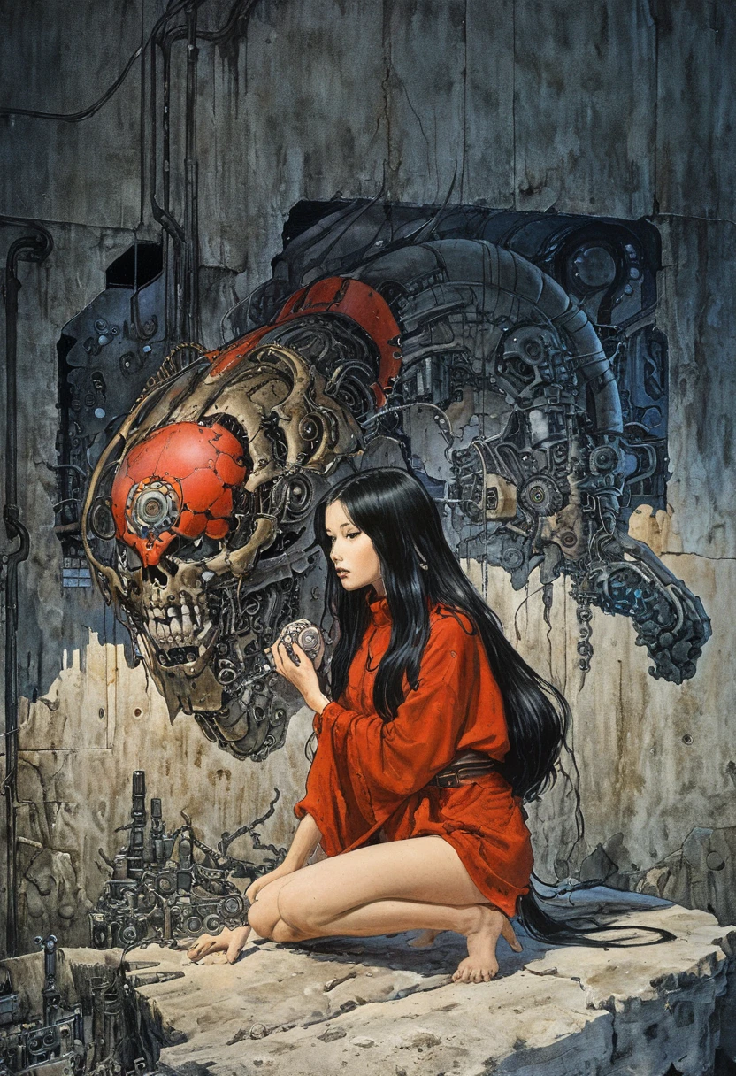 1 female demonic  cyborg , tubes connected to the wall
beautiful 
long black hair
praying
mechanical limbs
red turtle neck tight
skulls
(color ink painting by  Katsuhiro Otomo, Moebius, Victo Ngai	 Katsuya Terada, Aaron Horkey )