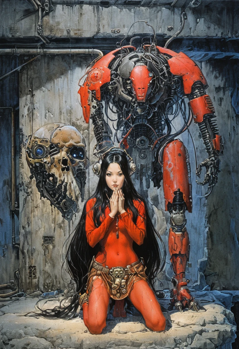 1 female demonic  cyborg , tubes connected to the wall
beautiful 
long black hair
praying
mechanical limbs
red turtle neck tight
skulls
(color ink painting by  Katsuhiro Otomo, Moebius, Victo Ngai	 Katsuya Terada, Aaron Horkey )