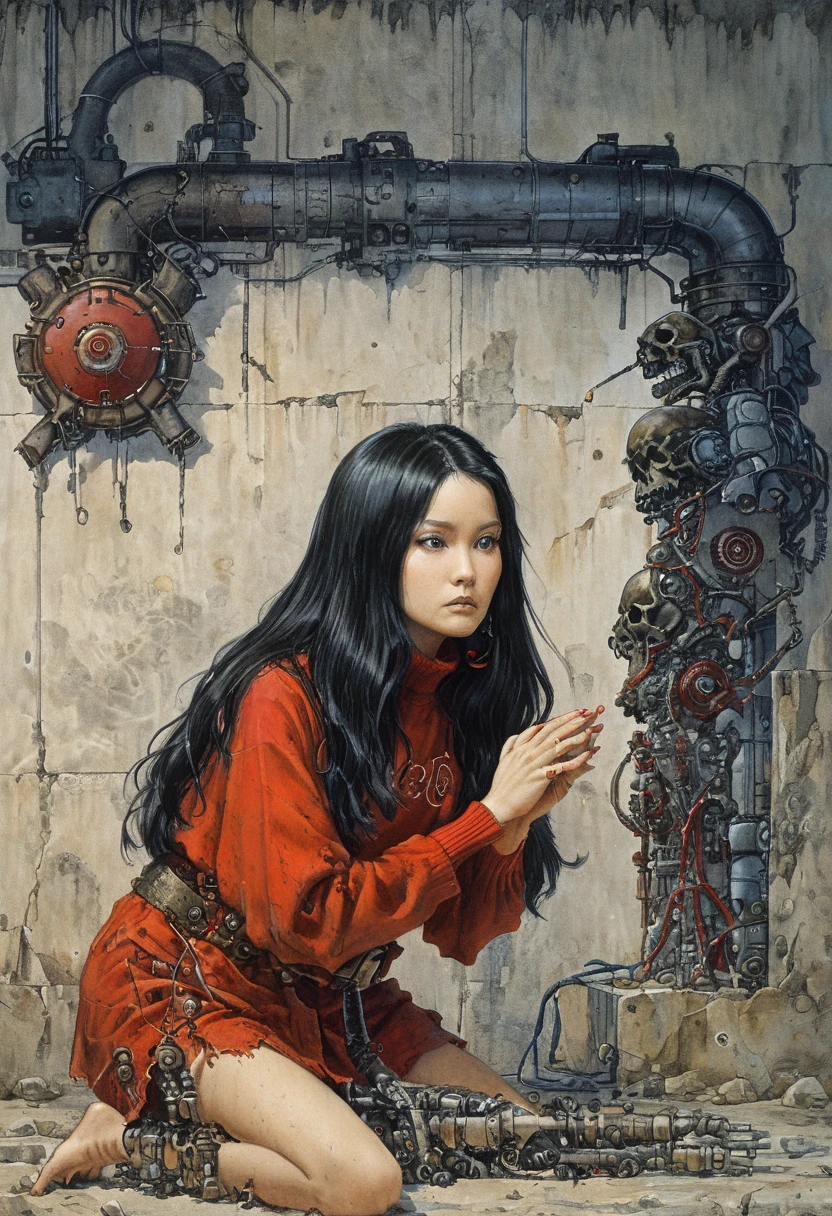 1 female demonic  cyborg , tubes connected to the wall
beautiful 
long black hair
praying
mechanical limbs
red turtle neck tight
skulls
(color ink painting by  Katsuhiro Otomo, Moebius, Victo Ngai	 Katsuya Terada, Aaron Horkey )