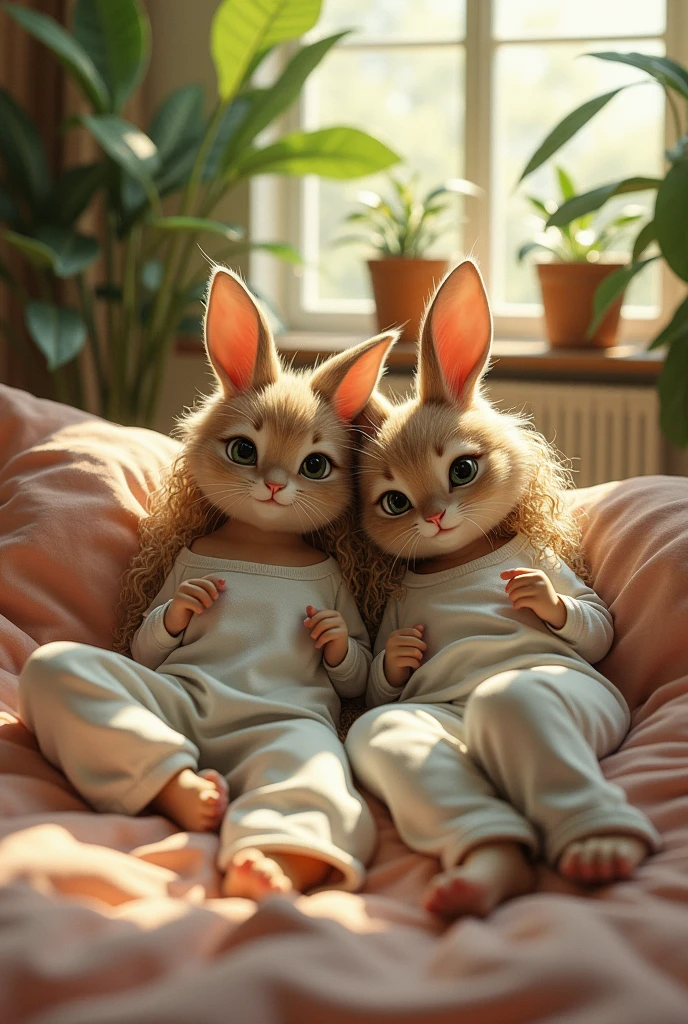 (photorealism:1.2),little cat and rabbit, sitting on bed, wearing loose ...