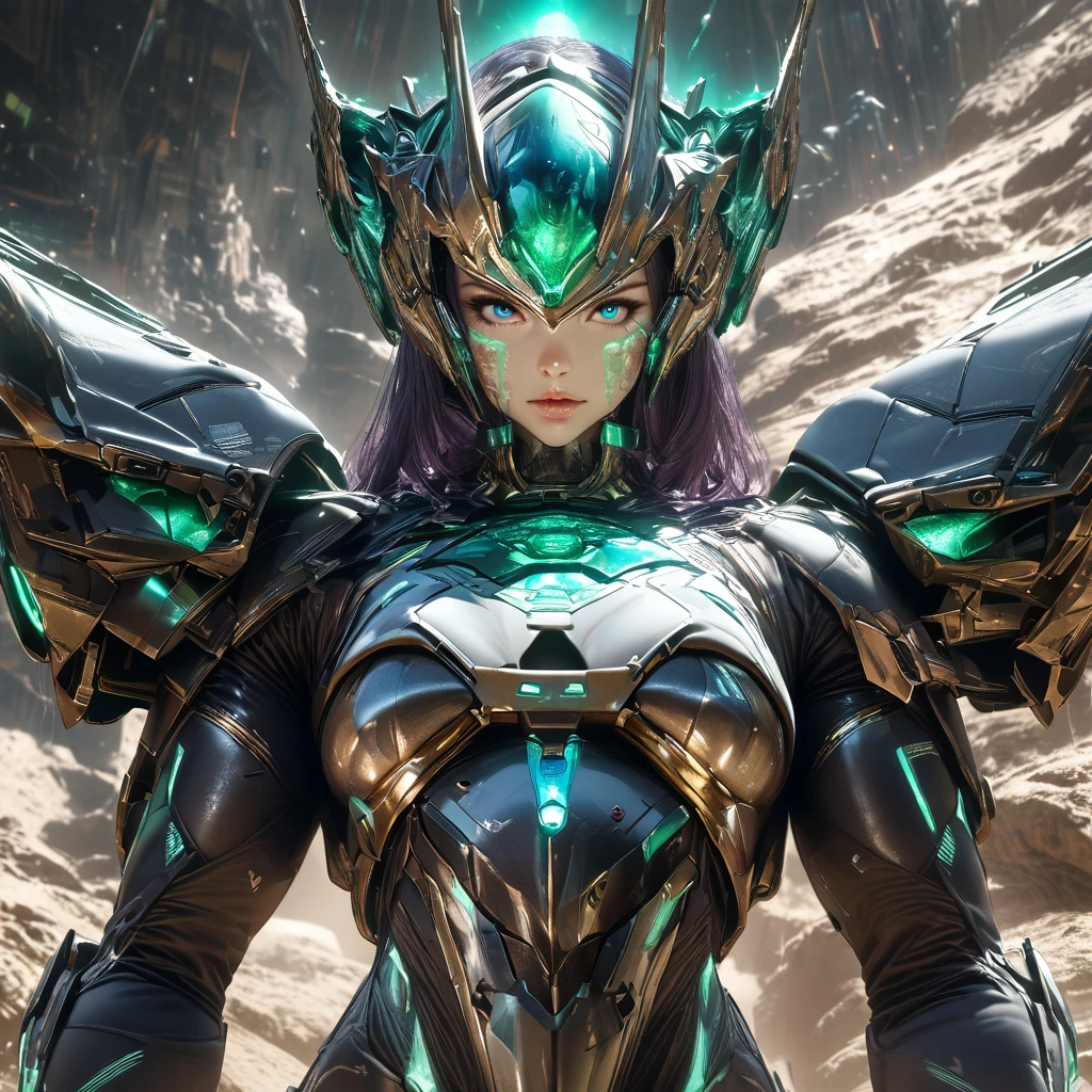 1girl, ice-blue eyes, deep indigo hair with hints of metallic green. Her skin is an iridescent bronze with a faint shimmer, a scar across her left eyebrow, lean, muscular build, Subtle glowing lines in a soft teal across her temples, neck, and forearms.  she dresses in worn, fitted armor, marked by years of scrapes and close calls.  battle with alien in asteroid-filled system on the outskirts of the galaxy. high contrast, hyper-realistic, photorealistic, 8k, best quality, masterpiece, Anatomically Correct, Super Detailed, High Resolution, ((detail eyes))