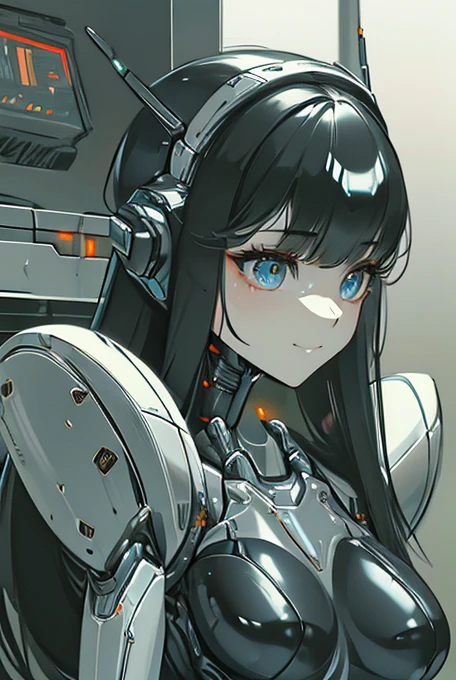 (masterpiece),(Highest quality),(Super detailed),(Best illustrations),(Best Shadow),(Absurd),(Detailed Background),(so beautiful), 16K, 8K, 4K,(Best Shadow),robotization,woman ,big bust,Robot Joint ,Metal skin,Black robot Suit,long hair,a black robot suit that covers the whole body,robot hand,cyber bodysuit,mecha head,(Detailed hands and fingers:1.2),Ball joint robot body,doll joint,beautiful face,beautiful robot girl,robotic eye,robotic hands,(no more human skin),android girl,cyborg girl,F cup, sexy body,(machine made joints:1.2),(machanical limbs:1.1),(blood vessels connected to tubes),(mechanical vertebra attaching to back),(mechanical cervial attaching to neck),no messy picture style,no emotion,tech control,black robot suit,maintenance,smile,robot maid