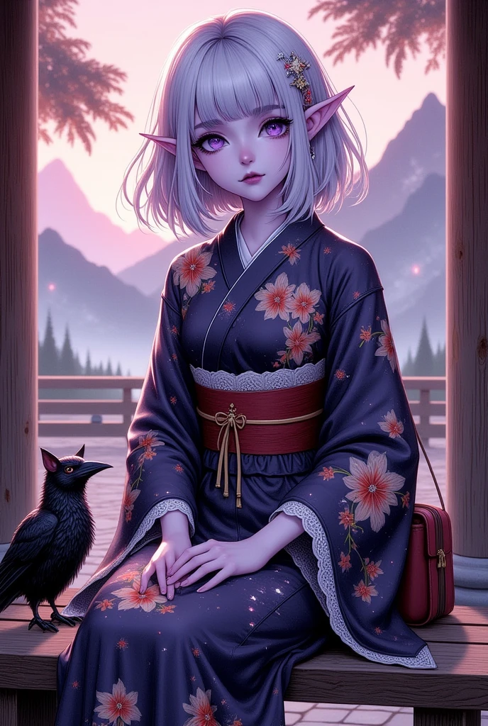 (Ultra-detailed face, Looking away, Fantasy Illustration with Gothic, Rich tone colors.), BREAK 
(Site of a Japanese shrine. The sky is tinted pale pink by the morning sun. A dark elf maiden with a melancholy expression sits on a wooden bench, a shrine amulet tied to a string as a charm for her bag. At the end of the bench on which she sits, a three-legged raven and a black cat stare at her with glassy black eyes. Sacred atmosphere.), BREAK 
(The dark elf priestess wears a hair ornament with a shooting star motif and a ribbon tie made of pure white lace. She wears a Japanese kimono of dark blue transparent fabric organdie with red, orange, and yellow lily flower patterns woven into it, and a sash with an image of a galaxy in the night sky. She wears black geta "wooden clogs" with a red nose strap.), BREAK 
(A dark elf maiden of a young age with glossy pure white hair and eyebrows, blunt bangs, gently wavy shoulder-length hair, small pink lips, dark purple skin, lavender eyes, and thick dark eyeliner around her eyes.), BREAK 
(We are in the precincts of a Japanese shrine in the evening at the time of the encounter. The atmosphere is mysterious, and the landscape appears hazy and distorted in places.)