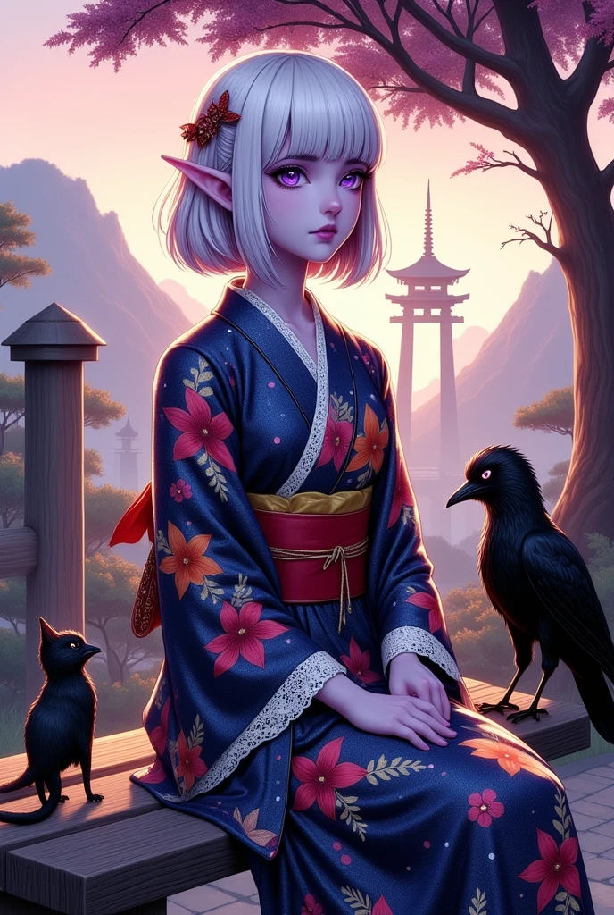 (Ultra-detailed face, Looking away, Fantasy Illustration with Gothic, Rich tone colors.), BREAK 
(Site of a Japanese shrine. The sky is tinted pale pink by the morning sun. A dark elf maiden with a melancholy expression sits on a wooden bench, a shrine amulet tied to a string as a charm for her bag. At the end of the bench on which she sits, a three-legged raven and a black cat stare at her with glassy black eyes. Sacred atmosphere.), BREAK 
(The dark elf priestess wears a hair ornament with a shooting star motif and a ribbon tie made of pure white lace. She wears a Japanese kimono of dark blue transparent fabric organdie with red, orange, and yellow lily flower patterns woven into it, and a sash with an image of a galaxy in the night sky. She wears black geta "wooden clogs" with a red nose strap.), BREAK 
(A dark elf maiden of a young age with glossy pure white hair and eyebrows, blunt bangs, gently wavy shoulder-length hair, small pink lips, dark purple skin, lavender eyes, and thick dark eyeliner around her eyes.), BREAK 
(We are in the precincts of a Japanese shrine in the evening at the time of the encounter. The atmosphere is mysterious, and the landscape appears hazy and distorted in places.)