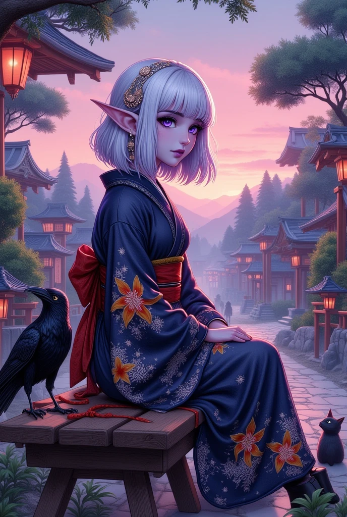 (Ultra-detailed face, Looking away, Fantasy Illustration with Gothic, Rich tone colors.), BREAK 
(Site of a Japanese shrine. The sky is tinted pale pink by the morning sun. A dark elf maiden with a melancholy expression sits on a wooden bench, a shrine amulet tied to a string as a charm for her bag. At the end of the bench on which she sits, a three-legged raven and a black cat stare at her with glassy black eyes. Sacred atmosphere.), BREAK 
(The dark elf priestess wears a hair ornament with a shooting star motif and a ribbon tie made of pure white lace. She wears a Japanese kimono of dark blue transparent fabric organdie with red, orange, and yellow lily flower patterns woven into it, and a sash with an image of a galaxy in the night sky. She wears black geta "wooden clogs" with a red nose strap.), BREAK 
(A dark elf maiden of a young age with glossy pure white hair and eyebrows, blunt bangs, gently wavy shoulder-length hair, small pink lips, dark purple skin, lavender eyes, and thick dark eyeliner around her eyes.), BREAK 
(We are in the precincts of a Japanese shrine in the evening at the time of the encounter. The atmosphere is mysterious, and the landscape appears hazy and distorted in places.)