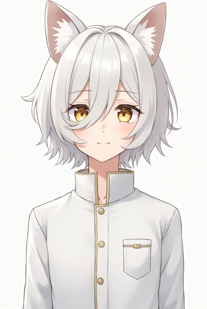anime men with short medium white hair, two hair locks look like puppy ears and a lock covers his right eye, golden eyes, wearing a white school uniform jacket