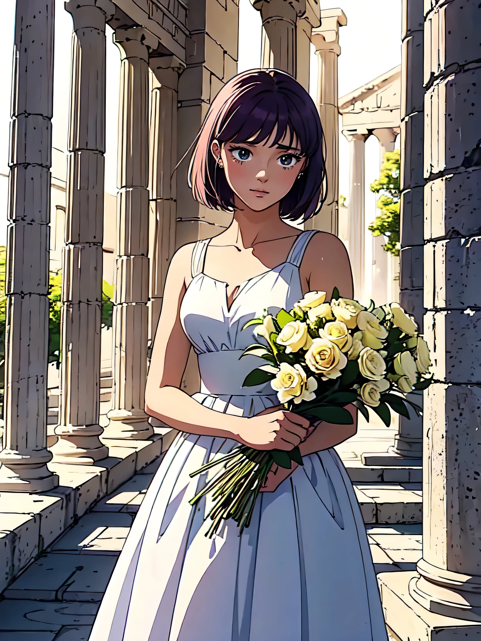 ( Obra de arte、 lyrics)、girl_Saori,  s40r1k1d0 , cries, Tears fall, He holds a bouquet of flowers in his arms, Do you wear a white dress, She is inside a Greek temple, warm light,  short hair . 