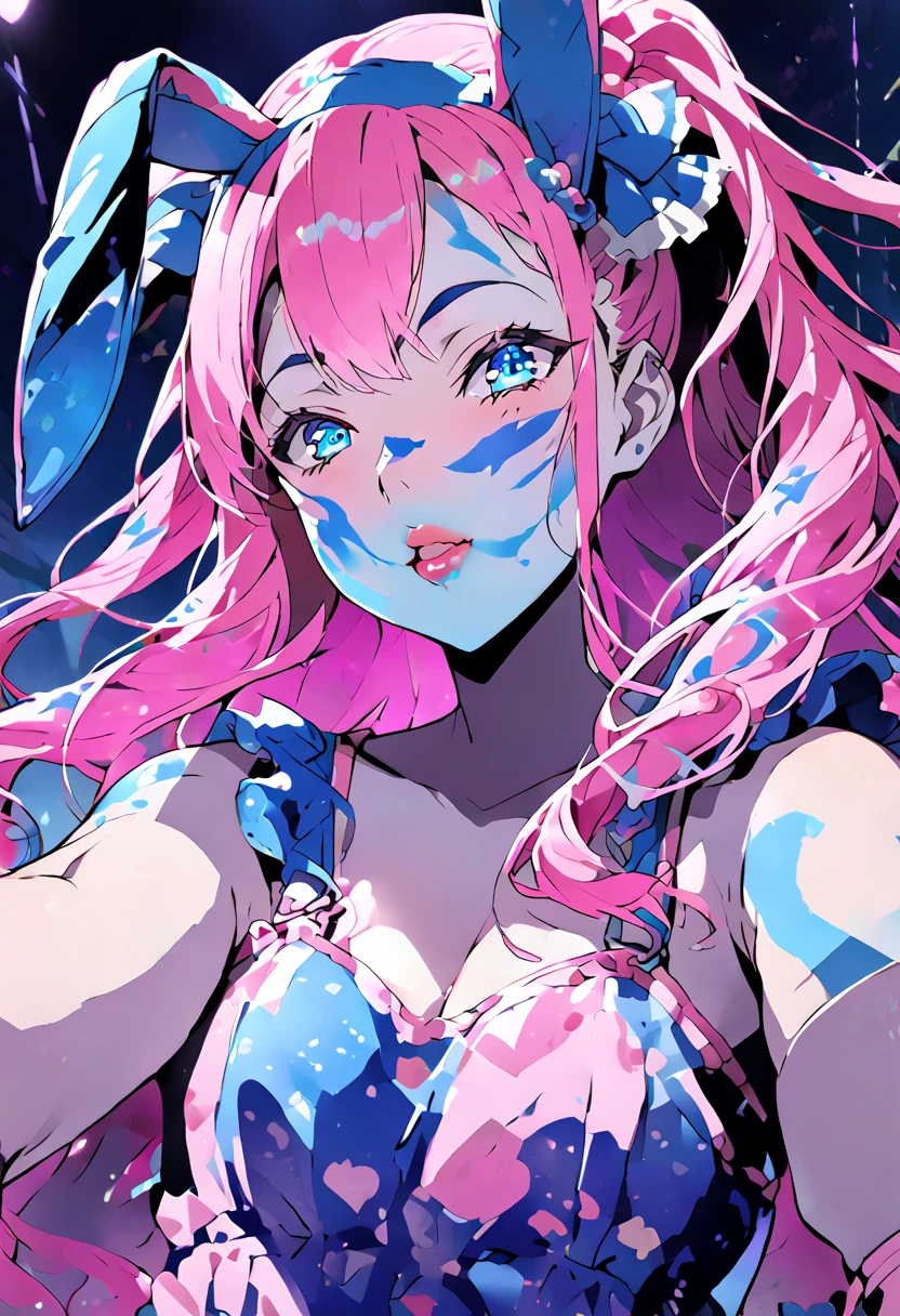 cute and sexy girl, pink hair, a bunny girl, detailed lighting, anime, having, blue eyes, lips painted with blue lipstick, in full growth