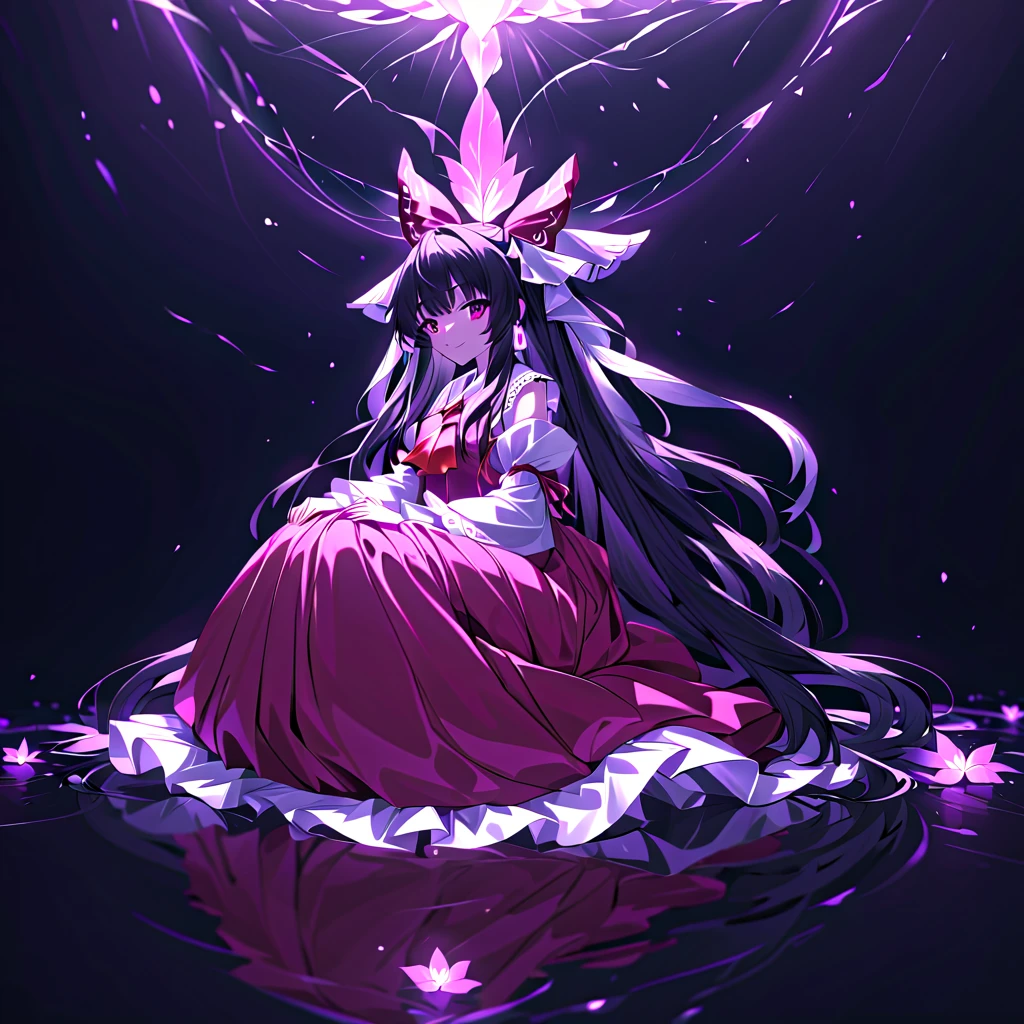 1 girl, solo, Hakurei reimu, black hair, long hair, hair bow red, yellow ascot, hair tubes red, miko, white detached sleeves, red costume, red skirt, black eyes, prone, from side, look side, looking away, looking afar, glowing magenta butterfly, magenta flower, glowing aquamarine butterfly, aquamarine flower, crepuscular rays, above light, light sparkles, very pale magenta, light, glowing back hair, black background, gentle smile, beautiful composition, cinematic lighting, extremely detailed, 8k, cinematic postprocessing, {{bad fingers,bad-anatomy,missing-fingers}}, {{signature,watermark,username,artist name}}, {{retro style,poor-quality }}, Maximum Facial Detail, Maxi,beautiful composition, cinematic lighting, extremely detailed, 8k, cinematic postprocessing, {{bad fingers,bad-anatomy,missing-fingers}}, {{signature,watermark,username,artist name}}, {{retro style,poor-quality }}, Maximum Facial Detail, Maxi,hakurei_reimu,intensely saturated lighting effects, luminous reflections, HDR-like contrast, vibrant color palette,glowing lights, vibrant reflections, surreal lighting, HDR effect, cinematic vividness, unexpected beauty, memorable masterpieces,