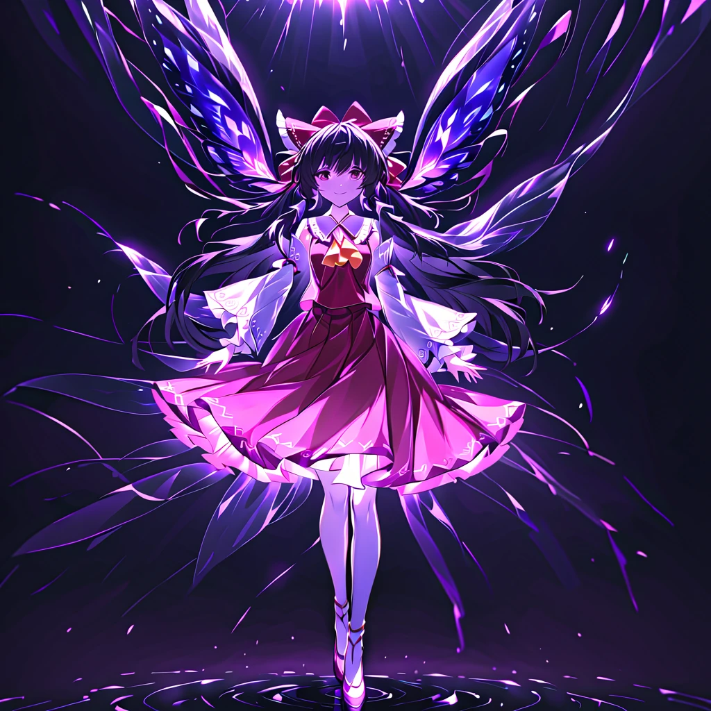 1 girl, solo, Hakurei reimu, black hair, long hair, hair bow red, yellow ascot, hair tubes red, miko, white detached sleeves, red costume, red skirt, black eyes, prone, from side, look side, looking away, looking afar, glowing magenta butterfly, magenta flower, glowing aquamarine butterfly, aquamarine flower, crepuscular rays, above light, light sparkles, very pale magenta, light, glowing back hair, black background, gentle smile, beautiful composition, cinematic lighting, extremely detailed, 8k, cinematic postprocessing, {{bad fingers,bad-anatomy,missing-fingers}}, {{signature,watermark,username,artist name}}, {{retro style,poor-quality }}, Maximum Facial Detail, Maxi,beautiful composition, cinematic lighting, extremely detailed, 8k, cinematic postprocessing, {{bad fingers,bad-anatomy,missing-fingers}}, {{signature,watermark,username,artist name}}, {{retro style,poor-quality }}, Maximum Facial Detail, Maxi,hakurei_reimu,intensely saturated lighting effects, luminous reflections, HDR-like contrast, vibrant color palette,glowing lights, vibrant reflections, surreal lighting, HDR effect, cinematic vividness, unexpected beauty, memorable masterpieces,