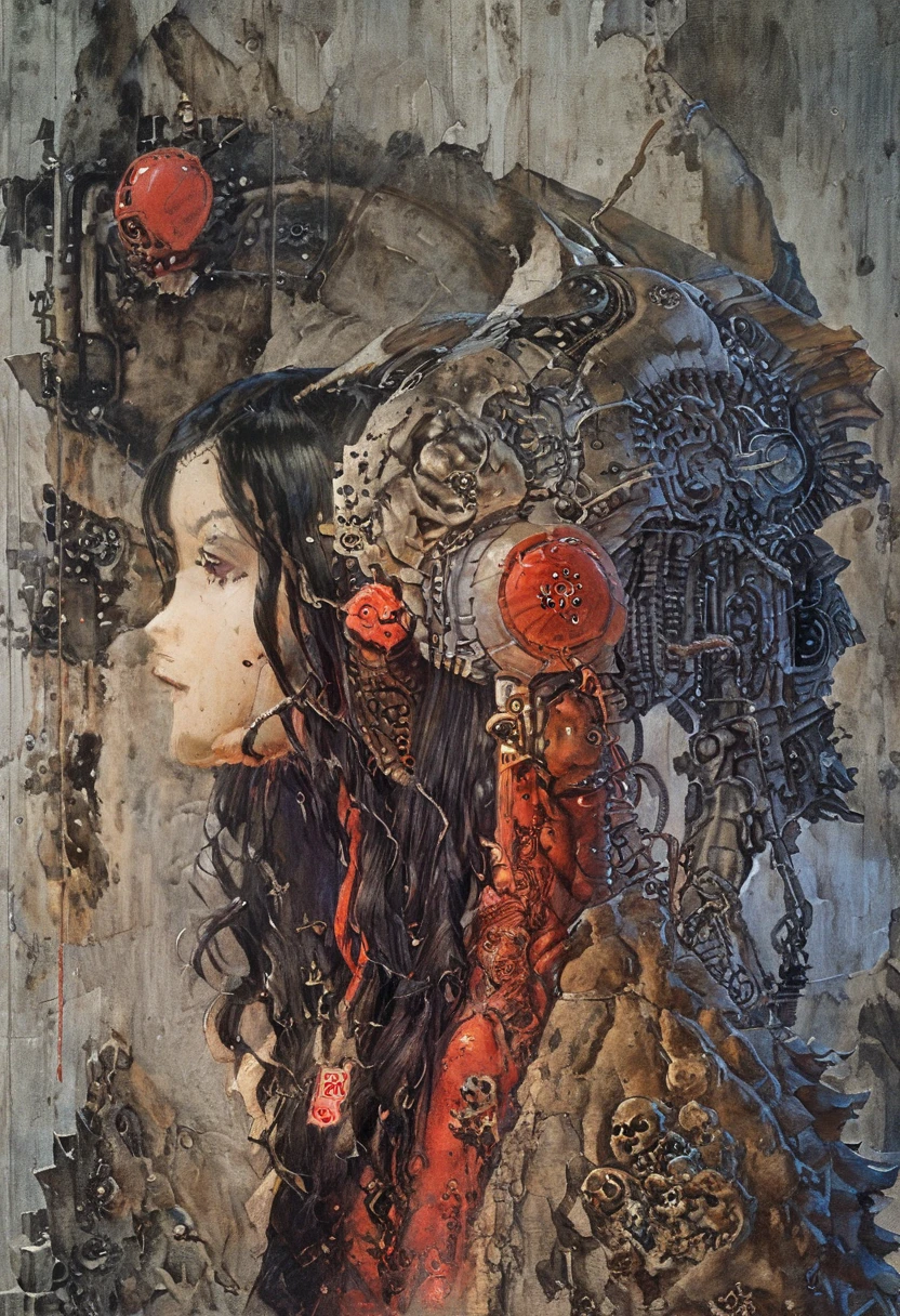 1 female demonic  cyborg , tubes connected to the wall
beautiful 
long black hair
praying
mechanical limbs
red turtle neck tight
skulls
(color ink painting by  Katsuhiro Otomo, Moebius, Victo Ngai	 Katsuya Terada, Aaron Horkey )