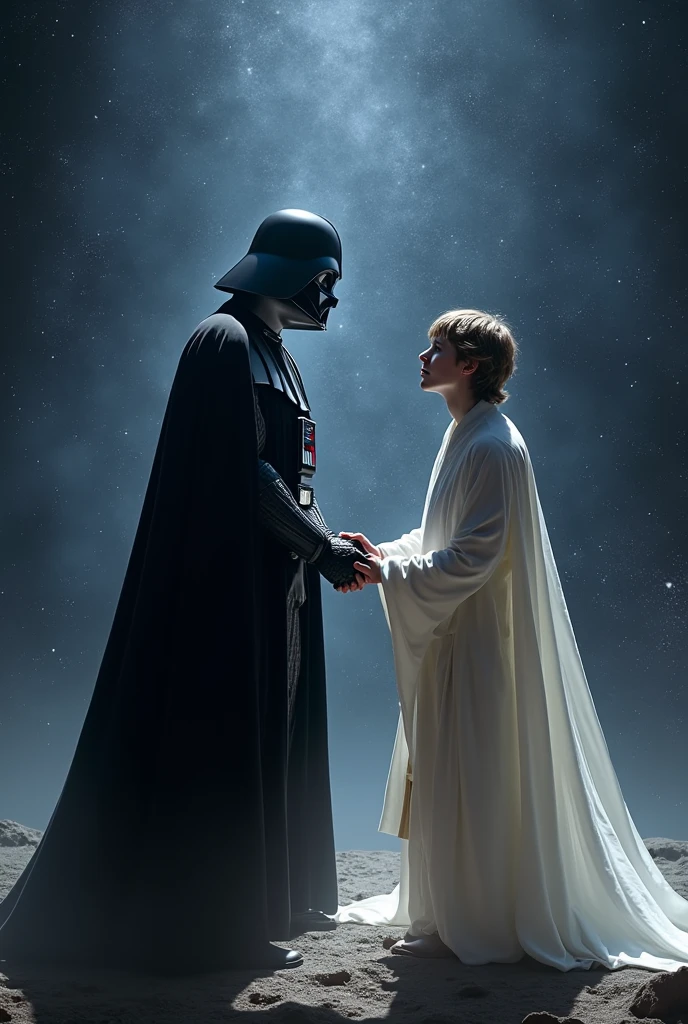 Portrait of Princess Leia, carrie fisher, romantically kissing Darth Vader. Set in the rubble of a Star Wars ship. Professional photography, realistic 50mm lens from a Canon dslr camera