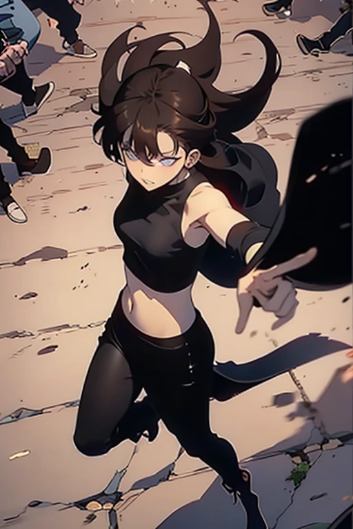   girl, brown long hair, browns eyes, Black sleeveless top, Leggings, high boots, a castanet in hand, full body, battle scene