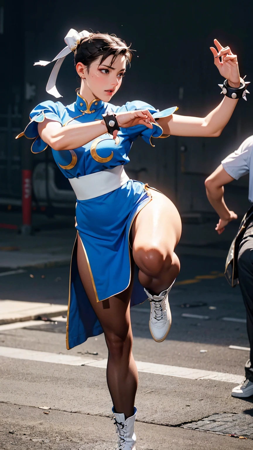 panorama,(wide_shot:1.1), looking_at_viewer,
((chun li:1.5, perfect Chunli,), 1girl, solo:1.1), ((put your hands in a fighting posture:1.1)),(fighting_stance:1.1),(standing:1.1), leg up, one leg up, (masterpiece, best quality, high resolution:1.1),perfect face,beautiful face,detail face, detail eyes, beautiful eyes, eyeliner,eyeshadow,eyelashes, realistic mouth,angry, shouting, screaming, detailed sweaty skin,blush,seductive breasts,athletic,
(photo level realism:1.2),(complex and beautiful:1.2),(detail light:1.2),(soft lighting, side light, reflected light, ),(sharp),(white_background:1.1),Simple background,pearl \(gemstone\),incredibly absurdres,best quality,photo realistic, photorealistic,photo,realistic,realism,photorealism,detailed,skin texture,realistic skin texture,ultra high res,high resolution,detailed,raw photo,moody lighting,high quality,highres,natural light,ray tracing,volumetric light,photorealistic,Cinematic Lighting,ultra realistic 8k cg,picture-perfect face, flawless,clean,masterpiece,professional artwork,famous artwork,cinematic bloom,
extremely detailed CG unity 8k wallpaper,ultra-detailed,best illustration,best shadow,ultra-high res,Best quality,(masterpiece, best quality, high quality, highres, ultra-detailed),correct fingers,perfect hands,, Hyakuretsukyaku, motion blur,     blue dress, boots, bracelet, brown pantyhose, china dress, chinese clothes, cross-laced footwear, dress, gold trim, jewelry, pantyhose, pelvic curtain, puffy sleeves, sash, short sleeves, side slit, spiked bracelet, spikes, white footwear