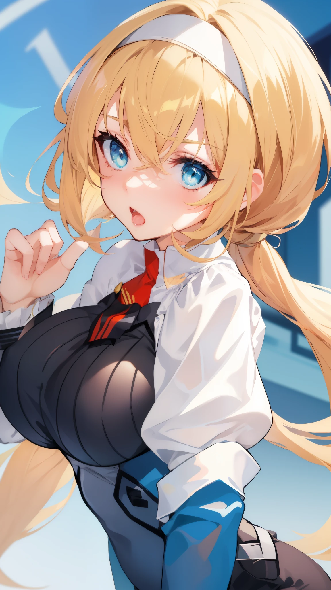  blond hair, blue eyes, open your mouth ,Big Breasts,,, upper body,low twintail,hair band