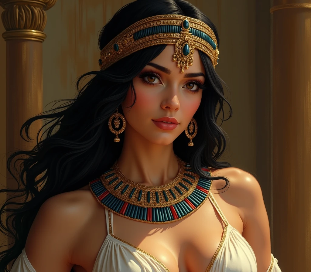 Cleopatra, Asian race, white skin，holding a scepter， plump breasts，Slim character figure, black hair,White skin, sexy, Plump breasts, best quality, hd, 16k, highres, super resolution
