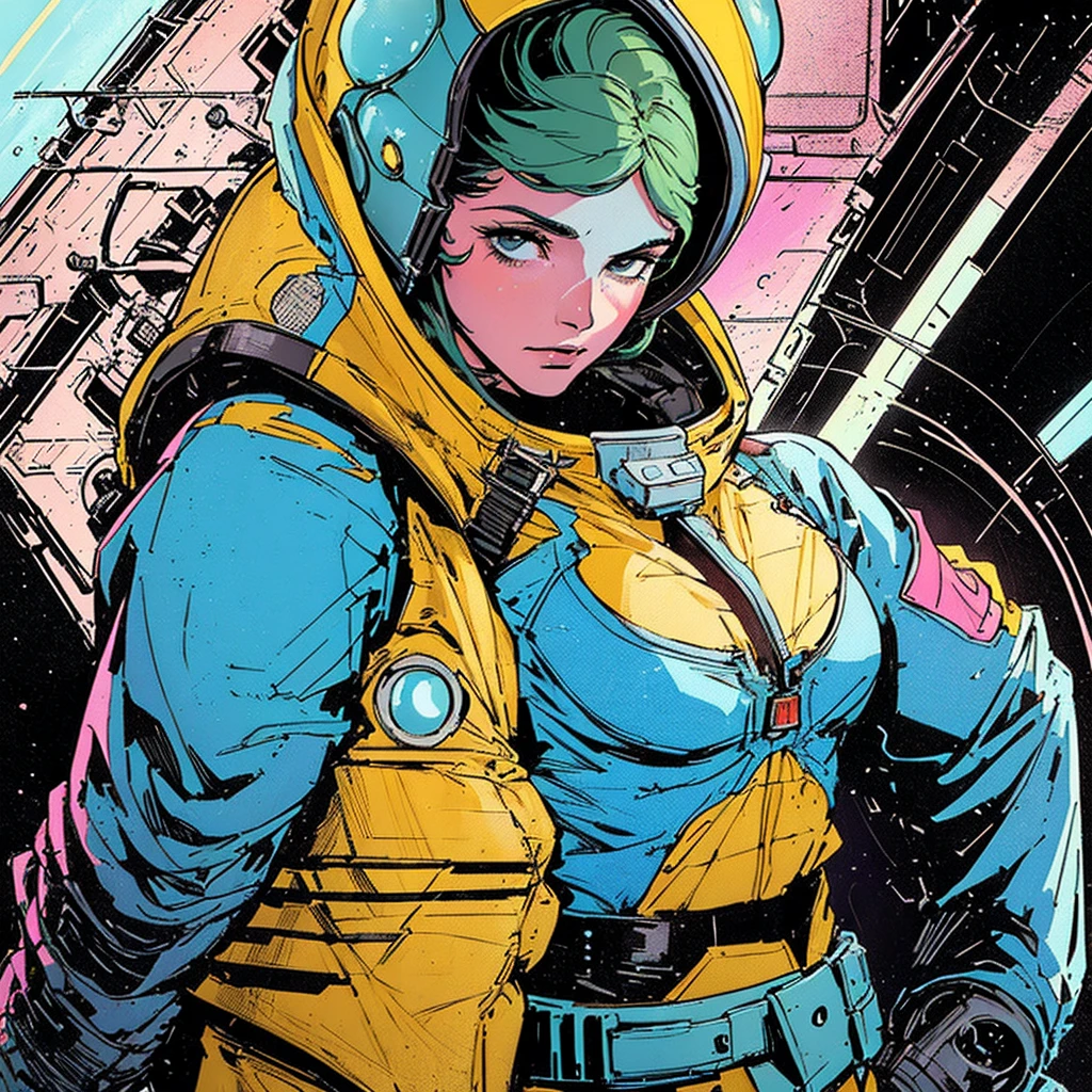 ((( Best Quality Masterpiece ))),(Lonely Goddess),(spacesuit that emphasizes cleavage ),((( 70s and 80s space thriller movie posters))),( American Comics ),((( retro vintage style ))),Overwhelmingly complex depiction,Absolute machine group background, futuristic cyberpunk ,Extremely accurate and delicate depiction,